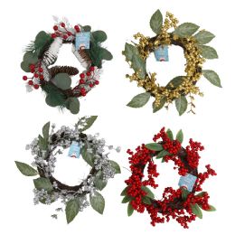 20 Bulk Wreath  Christmas 12in W/pine & Berries 4ast Red/silver/gold Berry & Frosted Pine Xmas/ht