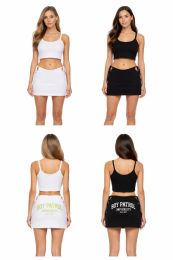 72 Bulk Ladies Jersey Mini Skirt In Black And White With Printed Back Assorted Sizes Small - Xlarge