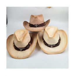 48 Bulk Cowboy Classic Leather Band Bull Skull Straw Hat