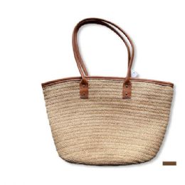 12 Bulk Brown Womens Woven Straw Tote Bag
