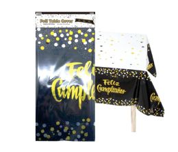 48 Bulk Feliz Cumpleanos Metallic Foil Table Cover 48s 54x108-Inch Black