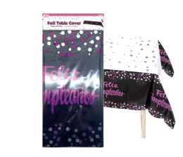 48 Bulk Feliz Cumpleanos Metallic Foil Table Cover 48s 54x108-Inch Hot Pink