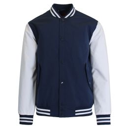 12 Bulk Boy's Lightweight Polyester MultI-Pocket Varsity Jacket Navy-White