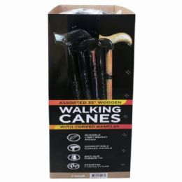 36 Bulk Assorted 35" Wooden Walking Canes With Curved Handles In Floor Display