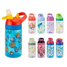 24 Bulk Child's Printed Bottle 17oz Flip Straw With Clip Handle