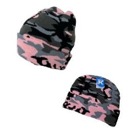 24 Bulk Pink Camo Knitted Cuffed Hat Adult Size