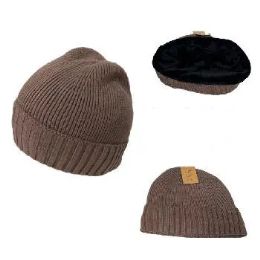 24 Bulk Knitted Super Soft Plush-Lined Cuffed Hat Wide Ribbed Cuff