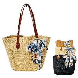 6 Bulk Ladies Woven Tote Island Floral Bow
