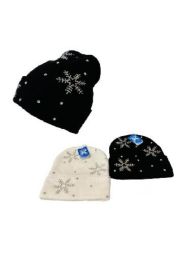 24 Bulk Ab Rhinestone Knitted Cuffed Hat Snowflakes