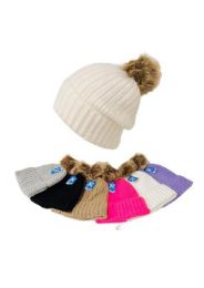 12 Bulk Ladies Super Soft Knitted Hat With Faux Fur Pompom