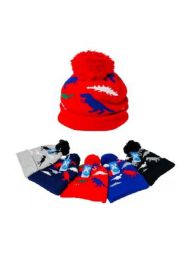 24 Bulk Child's Knitted Cuffed Winter Pompom Hat Dinosaurs