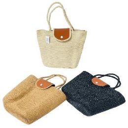 12 Bulk Woven Straw Beach Market Tote With Magnetic Closure