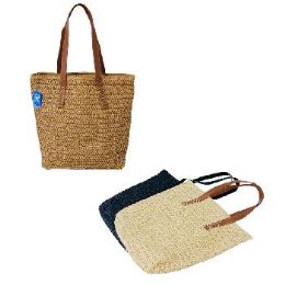 12 Bulk Straw Crocheted Market Tote LeatheR-Like Straps 16-inchx14-inch
