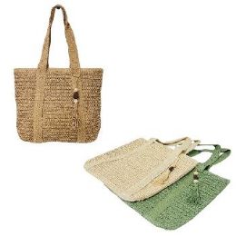 12 Bulk Straw Crocheted Market Tote Beaded Tassel 15-inchx16.5-inch