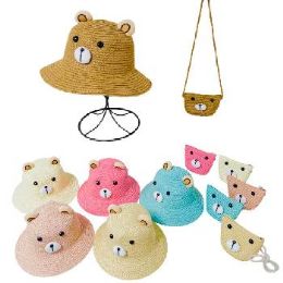 12 Bulk Girl's Woven Bear Hat Purse Set With Plush Ears
