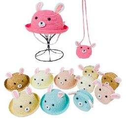 12 Bulk Girl's Woven Bunny Hat Purse Set With Plush Ears