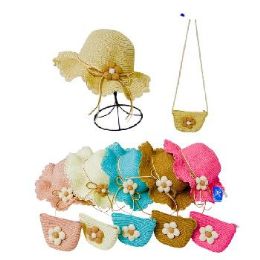 12 Bulk Girl's Woven Hat Purse Set With Puffy Flower