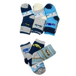 12 Bulk 3-Pair Boy's Printed Quarter Socks 2-4 Vehicles