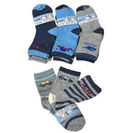 12 Bulk 3-Pair Boy's Printed Quarter Socks 4-6 Vehicles