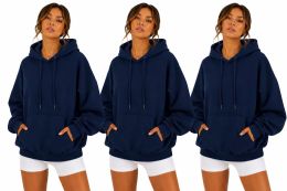 3 Bulk Women's Cotton Oversized Hoodie Sweat Shirt Navy Size Small