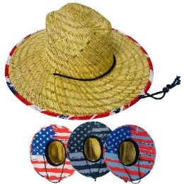12 Bulk Lifeguard Straw Sun Hat Printed Flag Pattern