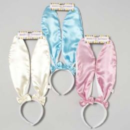 24 Bulk Bunny Ear Headband 10inl W/bows 3ast Colors Easter/top Of Ear Headercard