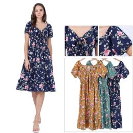 48 Bulk Ladies Mid Long Dress Floral One Dozen Mix Colors And Mix Sizes S/m, L/xl