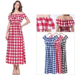 48 Bulk Ladies OfF-ThE-Shoulder Gingham Ruffle Plaid Maxi Dress Assorted Sizes S/m, L/xl