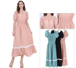 24 Bulk Ladies Off-The-Shoulder Smocked Waist Midi Dress With Lace Trim Assorted Sizes S/m, L/xl