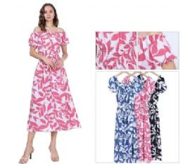 36 Bulk Women's OfF-ThE-Shoulder Leaf Print Smocked Waist Midi Dress Sizes S/m, L/xl