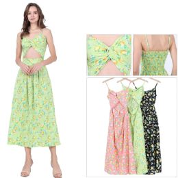 48 Bulk Women's Lemon Print Twisted Front Cutout Midi Dress Sizes S/m, L/xl