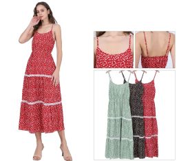 48 Bulk Women's Ditsy Floral Spaghetti Strap Tiered Midi Dress With Lace Insets Sizes S/m, L/xl