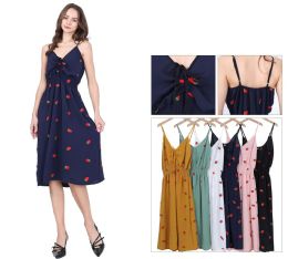 48 Bulk Women's Strawberry Print TiE-Front Spaghetti Strap Midi Dress Sizes S/m, L/xl