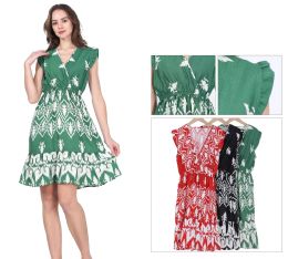 48 Bulk Women's V-Neck Ikat Print Cap Sleeve Ruffle Hem Dress Sizes S/m, L/xl
