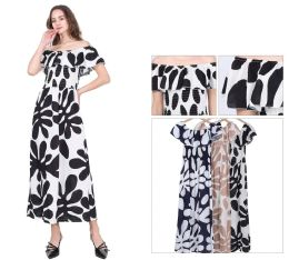 48 Bulk Women's OfF-ThE-Shoulder Smocked Bodice Abstract Floral Maxi Dress Sizes S/m, L/xl