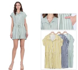 48 Bulk Women's Vertical Striped ButtoN-Up Romper With Drawstring Waist Sizes S/m, L/xl