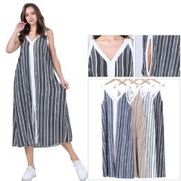 48 Bulk Women's Vertical Striped V-Neck Sleeveless Midi Dress With Contrast Trim Sizes S/m, L/xl