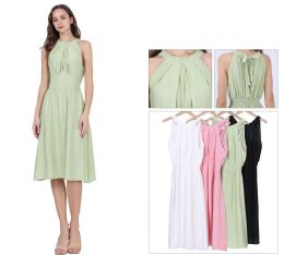 48 Bulk Women's Halter Neck Pleated Midi Dress With Back Tie Sizes S/m, L/xl
