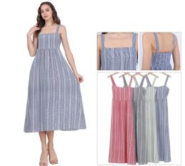 48 Bulk Women's Square Neck Striped Smocked Back Maxi Dress Sizes S/m, L/xl