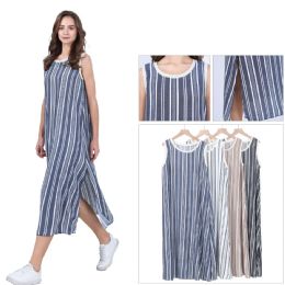 48 Bulk Women's Crew Neck Vertical Striped Sleeveless Midi Dress With Side Slits Sizes S/m, L/xl