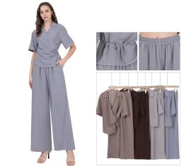 48 Bulk Women's Collared Wrap Top And WidE-Leg Pants Set Sizes S/m, L/xl