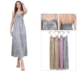 48 Bulk Women's Ruched Keyhole Front Spaghetti Strap Satin Maxi Dress Sizes S/m, L/xl
