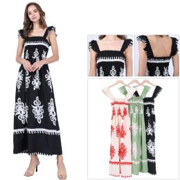 48 Bulk Women's Ruffle Strap Smocked Bodice Damask Print Maxi Dress Sizes S/m, L/xl