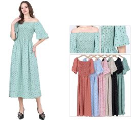 48 Bulk Women's OfF-ThE-Shoulder Smocked Bodice Printed Midi Dress With Ruffle Sleeves Sizes S/m, L/xl