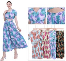 48 Bulk Women's Tropical Floral Print Pleated Crop Top And Maxi Skirt TwO-Piece Set S-M, L-xl