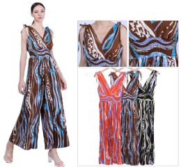 48 Bulk Women's Abstract Print TiE-Shoulder Smocked Waist Pleated Jumpsuit S,m, L, xl