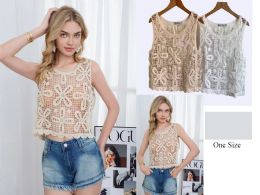 48 Bulk Women's Bohemian Floral Crochet OpeN-Knit Tank Top One Size