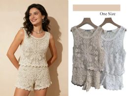 48 Bulk Women's Bohemian Daisy Crochet 2-Piece Short Set One Size