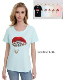 48 Bulk Women's Glam Red Lips & Crystal Heart Graphic T-Shirt S/M-L/xl