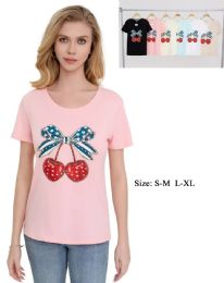 48 Bulk Women's Starry Bow & Cherry Graphic T-Shirt S/M-L/xl